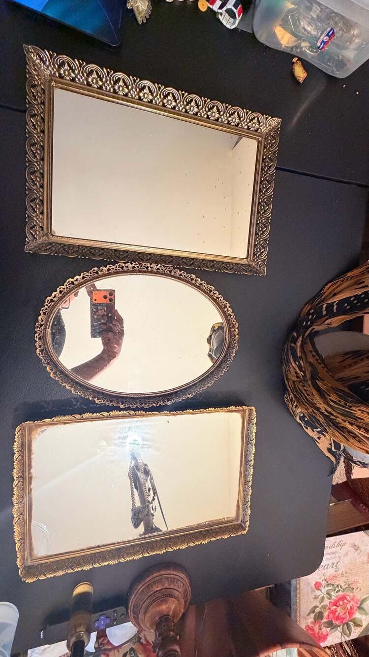 Set of 3 Vintage Ornate Gold Filigree Vanity Mirror Trays